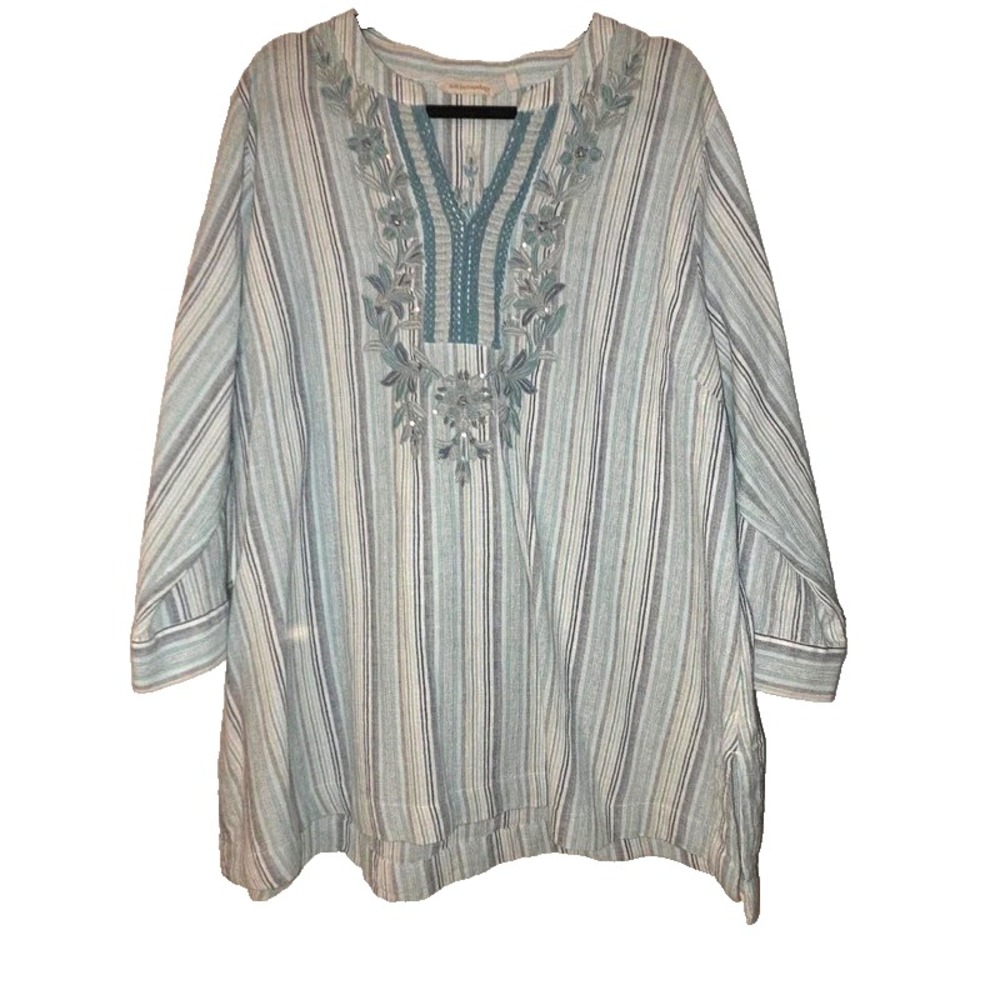 Soft Surroundings 3XL Boho Blue Stripe Embellished Beaded v neck Tunic Top